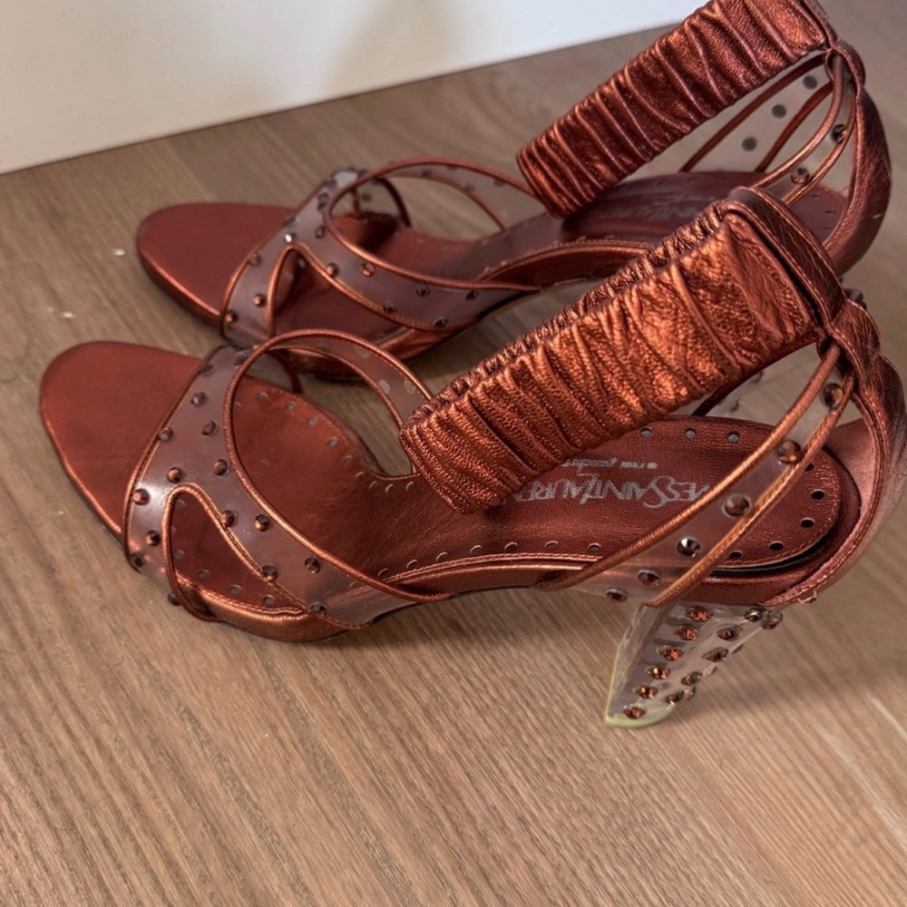 Yves Saint Laurent Metallic Copper Studded Ankle-Strap Heels